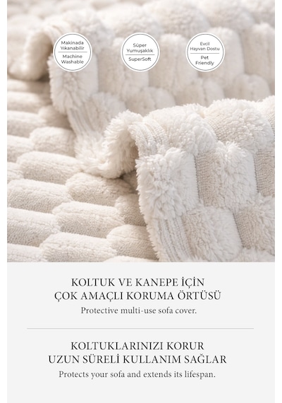 Soft Kürklü Koltuk Örtüsü 170x215 Cm Yumuşak Peluş Kaymaz Taban Kanepe Örtüsü Krem Kırık Beyaz