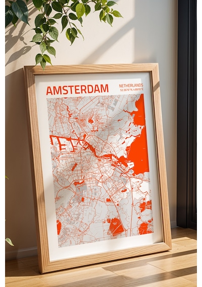Amsterdam Hollanda Haritası Çerçeveli Tablo Lüks Salon Ofis Duvar Dekorasyonu Hediyelik Tablo Kayın
