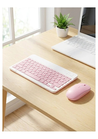 Kablosuz Bluetooth Klavye Ve Dongle Lı Mouse Seti Şarjlı Klavye Ve Fare Kombinasyonu Pembe