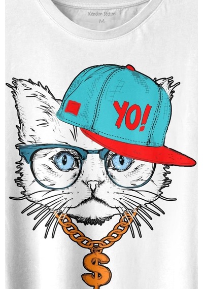Gözlüklü Kedi Cat Glasses Yo Momy Dolar Baskılı Tişört Unisex T-shirt 001