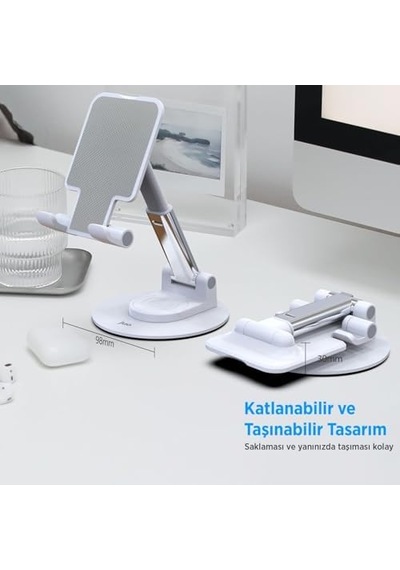 Katlanabilir 360 Derece Dönen Masaüstü Telefon Standı Beyaz