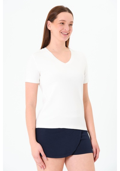 Sortie Collection V Yaka Premium Modal Kumaş Basic Tişört - Ekru
