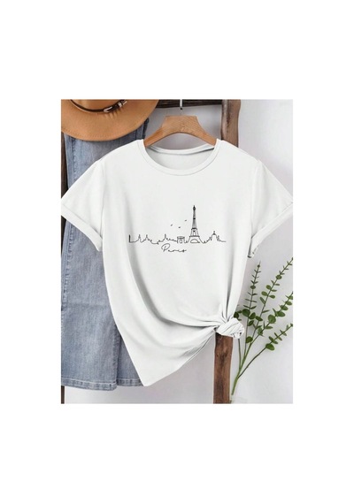 Medinenur Rome Desen Baskılı Basic T-shirt Beyaz