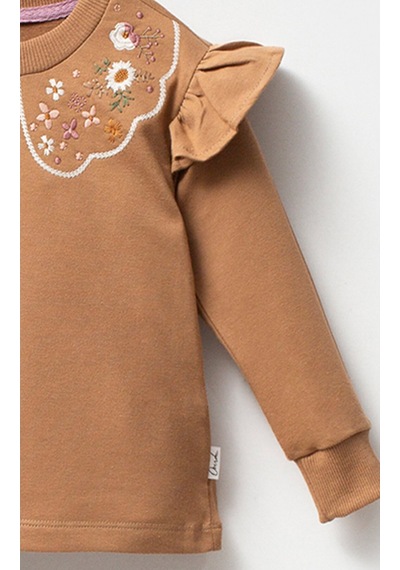 Overdo Kids Fırfırlı Yakası Çiçek Nakışlı 2 İplik Uzun Kol Kız Çocuk Sweatshirt Kahverengi