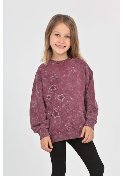 Kız Çocuk Relax Fit Bisiklet Yaka Düşük Omuz Baskılı Yırtmaçlı Sweatshirt - 2 İplik Mor