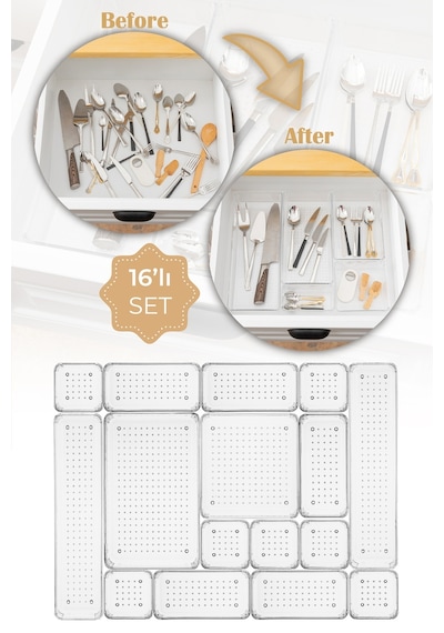 Vienev 16lı Şeffaf Çekmece Içi Organizer 1x O.dkdrtgn,b.kare 2x D.dkdrtgn 5x K.dkdrgn 7x K.kare