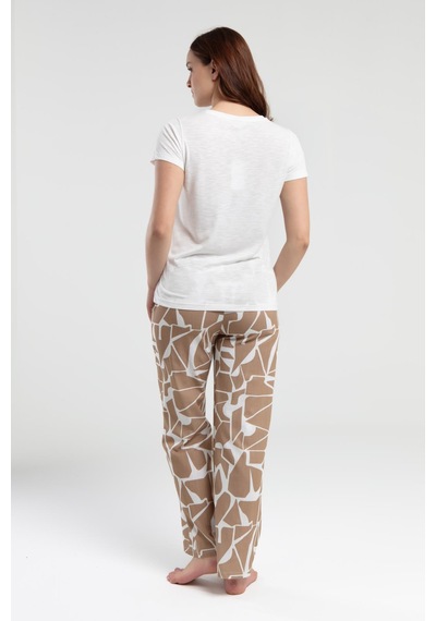 Pierre Cardin Paris Kadın Beautiful V Yaka Kısa Kollu Desenli Pijama Takım Krem