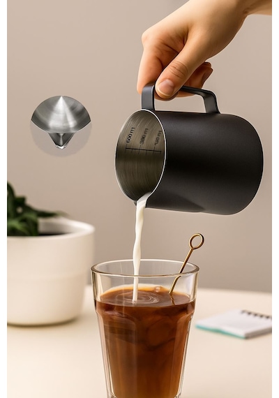 304 Çelik 600 Ml Siyah Teflon Kaplama Kahve Süt Köpürtme Potu Sütlük Pitcher