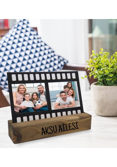 Kişiye Özel 2 Fotoğraflı Film Şeridi Mesajlı Dekoratif Ahşap Stan