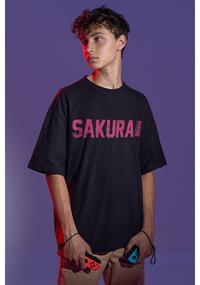 Sevbano Naruto Sakura Haruno Sırt Baskılı Unisex Oversize Anime Tişört Siyah