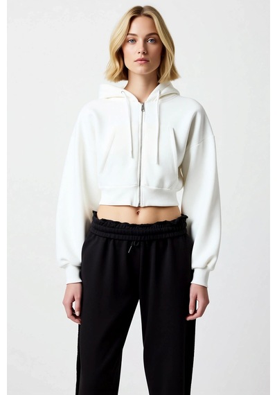 Benerly Kadın Kapüşonlu Düşük Kol Fermuarlı Örme Sweatshirt Fonksiyonel D Ekru