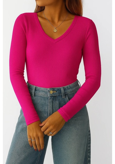 Bbbutikbasic V Yaka Waffle Bluz N5444 Fuşya8
