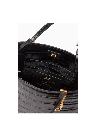 Elisabetta Franchi Timsah Desenli Deri Mini Tote Çanta, Şık & Lüks El Çantası Siyah