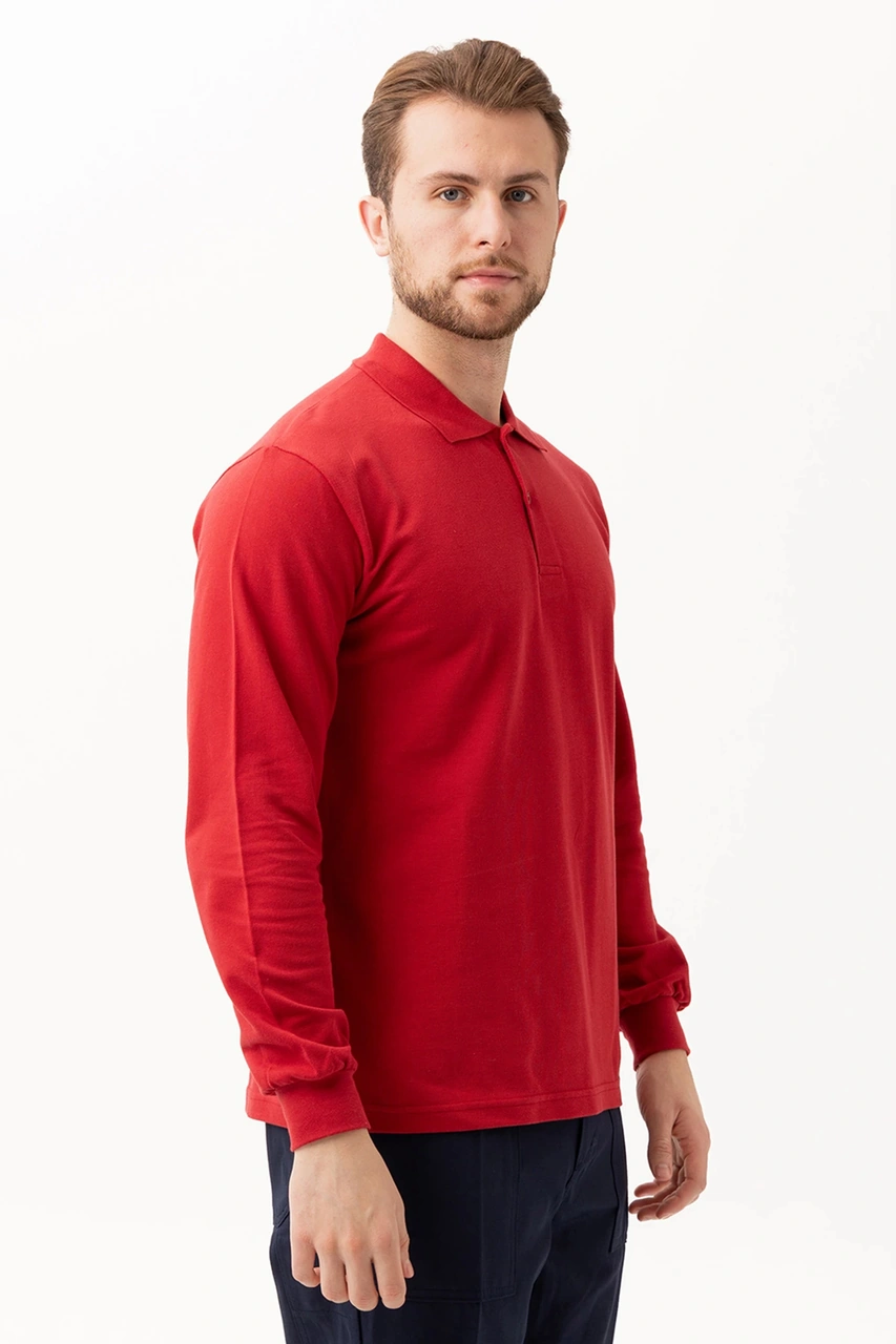 Padus %100 Pamuk Polo Yaka Uzun Kollu T-shirt Kırmızı