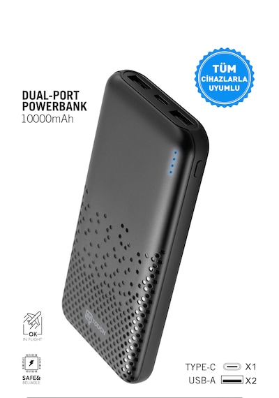 10.000 Mah Slim Dual Port Powerbank Tüm Cihazlarla Uyumlu Taşınabilir Şarj Cihazı Siyah
