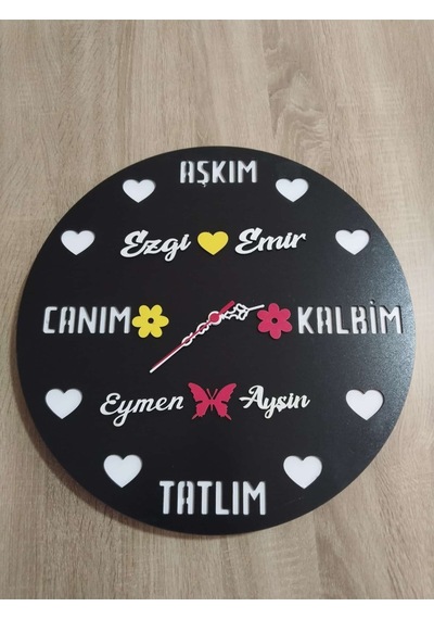 Sevgili-aşk-saadet-mutluluk Kişiye Özel İsim Yazılı Duvar Saati Siyah