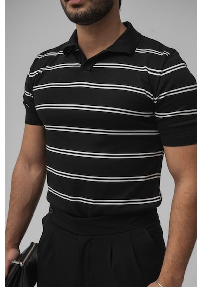 Tarz Cool Erkek Paralel Polo Yaka Slim T-shirt Siyah