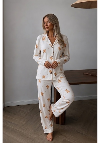 Fit Women Kadın Düğmeli Uzun Uyku Ve Beyaz Pijama Takımı
