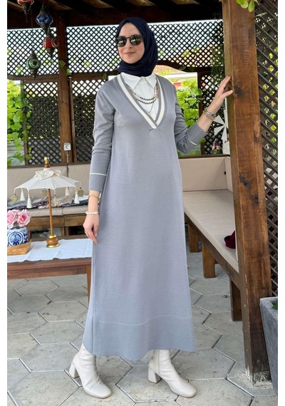 Rabia Şamlı Eylül Gömlekli Triko Elbise Gri Normal
