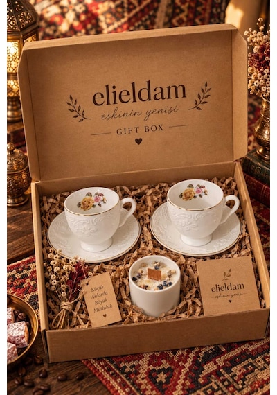 Doğum Günü, Özel Gün, Yeni İş, Yeni Ev Hediyesi Kabartma Desenli İkili Porselen Fincan Ve Ahşap Fitilli Soya Mum Seti Diğer