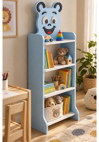 Sulorahome Mavi Figürlü 4 Raflı Çocuk Kitaplığı Ve Oyuncak Düzenleyici Bebek Mavisi