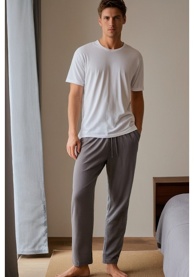 Elemge %100 Pamuk Süprem Erkek Pijama Altı Gri Cepli Rahat Kalıp Relax Fit Lastikli Ipli Terletmez Esnek