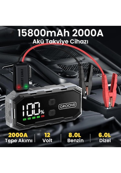 Groove F11 15800mah 2000a Akü Takviye Cihazı Taşınabilir Jump Starter Powerbank+Led Lamba+Lcd Ekran