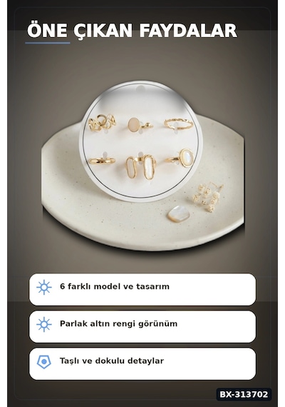 Parlak Pirinç 6 Parça Yüzük Seti, 7-8 Numara Bijuteri Aksesuar Hediyelik Bx-313702 Çok Renkli