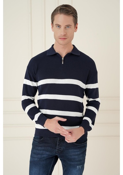 Efor Slim Fit Çizgili Fermuarlı Polo Yaka Lacivert Triko Kazak Tr 877 Lacivert