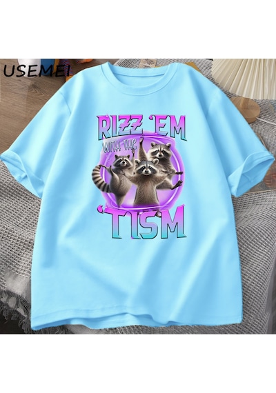 Flood Of Style Rizz Em Tism Rakun T-shirt Çöp Panda Komik Grafik T Shirt Erkekler Komik Pamuk Kısa Kollu Har Mavi