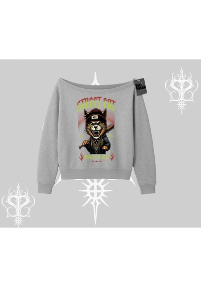 Startmore Street Cat Kedi Baskılı Kayık Yaka Sweatshirt Gri