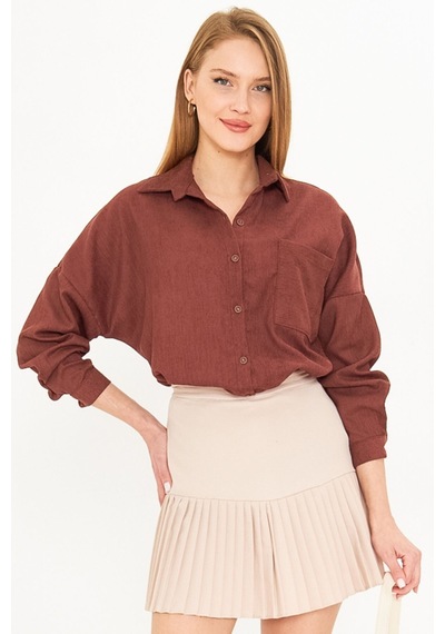 Armonika Kadın Kahve Cepli Oversize İnce Fitilli Kadife Gömlek Arm-24k001076