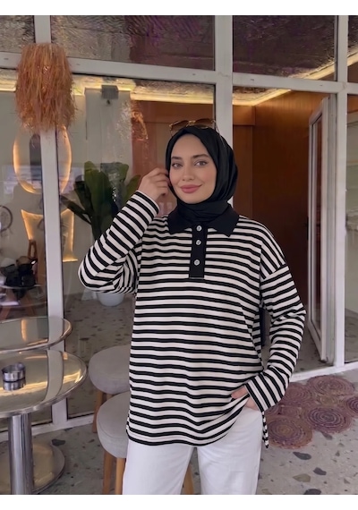 Trend Paris Kadın Polo Yaka Çizgili Uzun Kollu Yan Yırtmaçlı Rahat Kesim Tunik Siyah 42