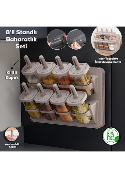 Porsima 1123 8'li Standlı Kaşıklı 360 Döner Kapaklı Baharatlık Cappuccino