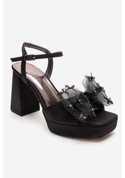 Luvishoes Marısol Siyah Saten Taşlı Fiyonklu Kadın Topuklu Ayakkabı
