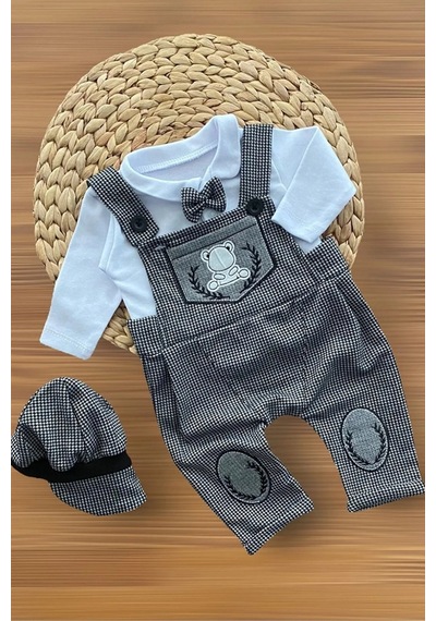 Erkek Bebek Ayıcıklı Salopet Takım - Kasketli, Papyonlu 3 Lü Set Gri