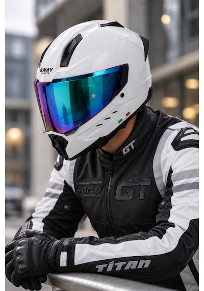 Sway 868 Renkli Vizör & Spoiler Kanat & Güneş Vizör Kask Beyaz