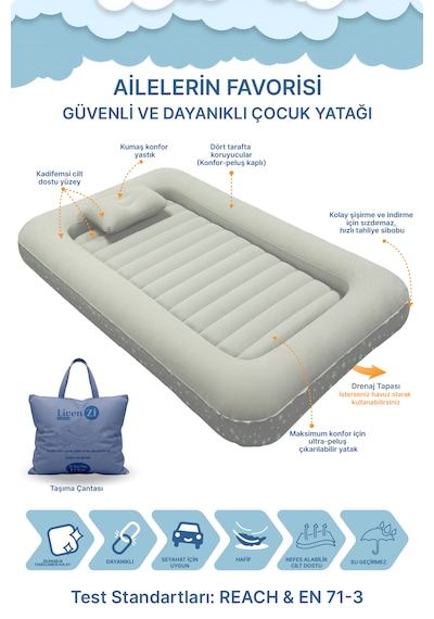 Livenzi Nature Çocuk Şişme Yatak & Yastık + Manuel Şişirme Pompası 160 105 24 Cm Bej