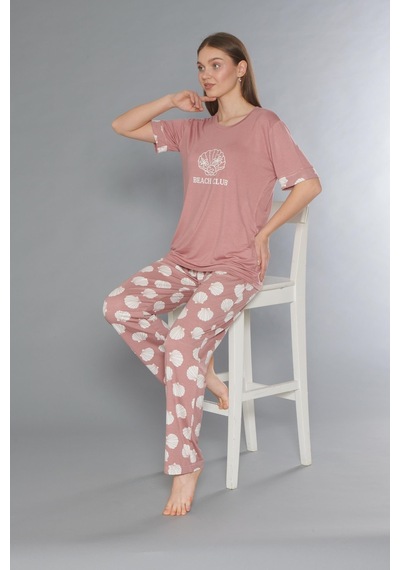 Flz Kısa Kol Yazlık Viskon Pijama Takımı Beach Club Flz 88-110 GÜL KURUSU