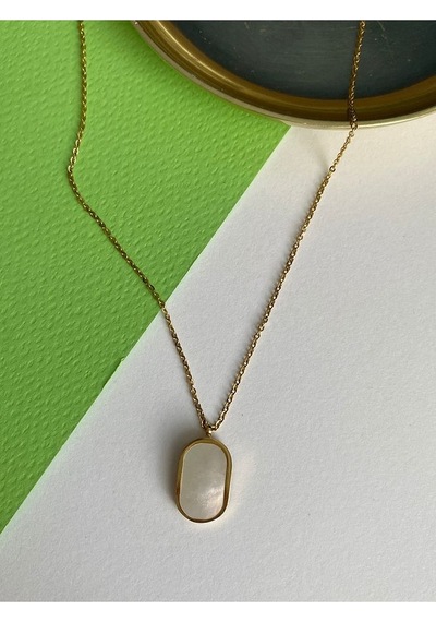 Sedefli Oval Kararmaz Çelik Kadın Gold Kolye Altın Sedefli Oval Kararmaz Çelik Kadın Gold Kolye Altın