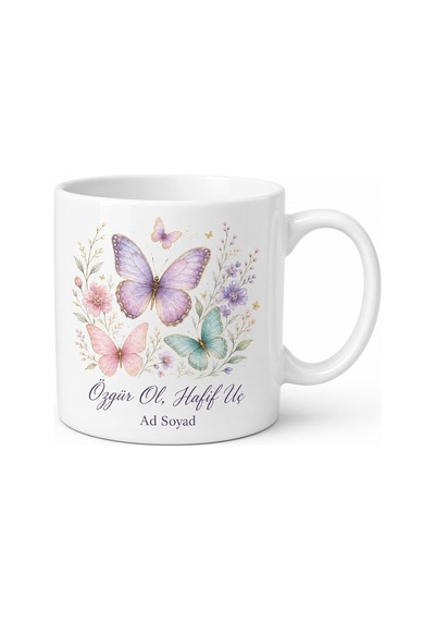 Kelebek Desenli Şık Tasarım Baskılı Kupa Bardak Hediye Porselen Mug Beyaz / Çok Renkli