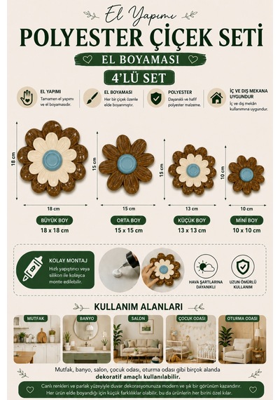 Duvar Dekorasyon Dekor Çiçek 4 Lü Set Hardal