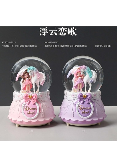 Pembe Unicorn Ve Sevimli Kız Temalı Büçük Boy Püskürtmeli Müzikli Işıklı Kar Küresi