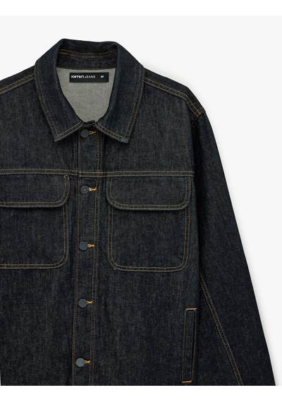 Koton Uzun Kollu Cepli Düğmeli Oversize Jean Gömlek Ceket Koyu İndigo 6sam50060nd