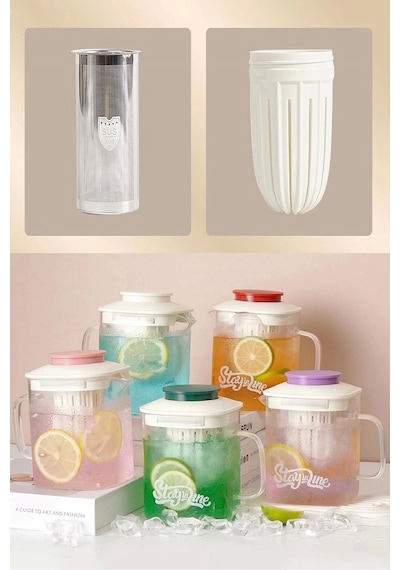 Isıya Dayanıklı Borosilikat Çelik Filtreli Bitki Çayı Süzgeçli Cam Demlik & 850 Ml. Kulplu Sürahi Bej
