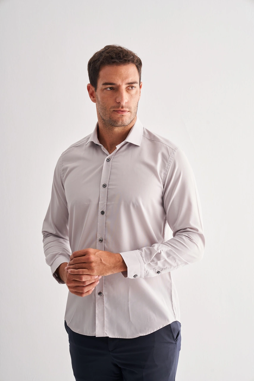 İmza Taş Rengi Yarım İtalyan Yaka Uzun Kol Easy To Iron Slim Fit Pamuklu Gömlek 1004255301 - Taş Rengi