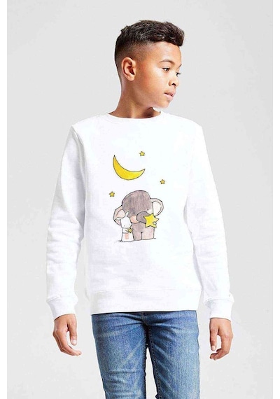 Tshirthane Fil Ve Tavşan Baskılı Unisex Çocuk Beyaz Sweatshirt Beyaz