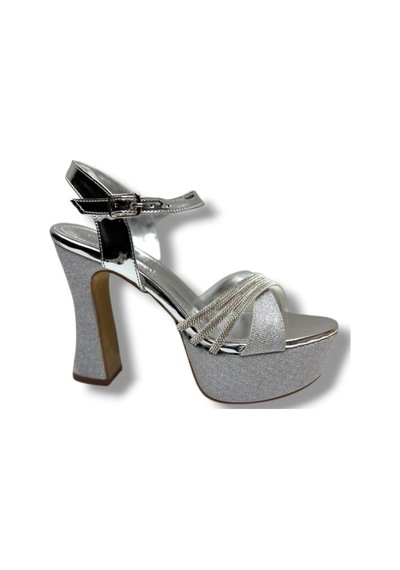 Defne 798-26 Simli Saten Çapraz Taşlı 30mm Platform Topuk Kadın Sandalet 12cm Gümüş