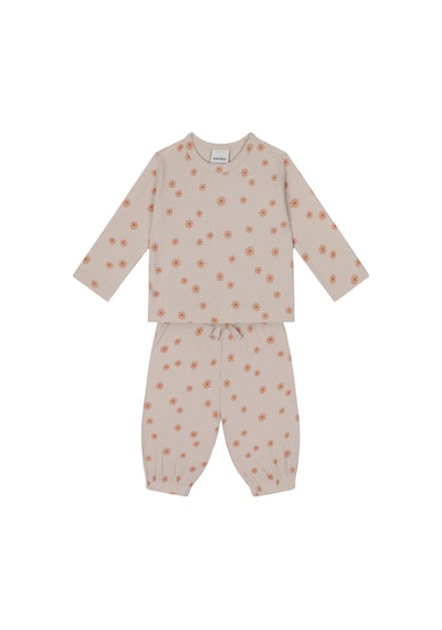 Antebies Bej Kır Çiçekleri Desenli Bambu Kumaş Bel Lastikli Bağcıklı Uzun Kollu Kız Bebek Tshirt Pantolon Set Krem