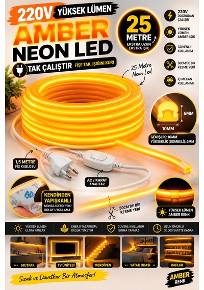 25 Metre Amber 220v Neon Led Şerit ,tak Çalıştır Set, Fişli Anahtarlı Esnek Şerit Led, ,turuncu Led,mutfak,tezgah Ledi,led Şerit Işık ,ambiyans Işık Havuzu, Kendinden Yapışkanlı,kehribar Led